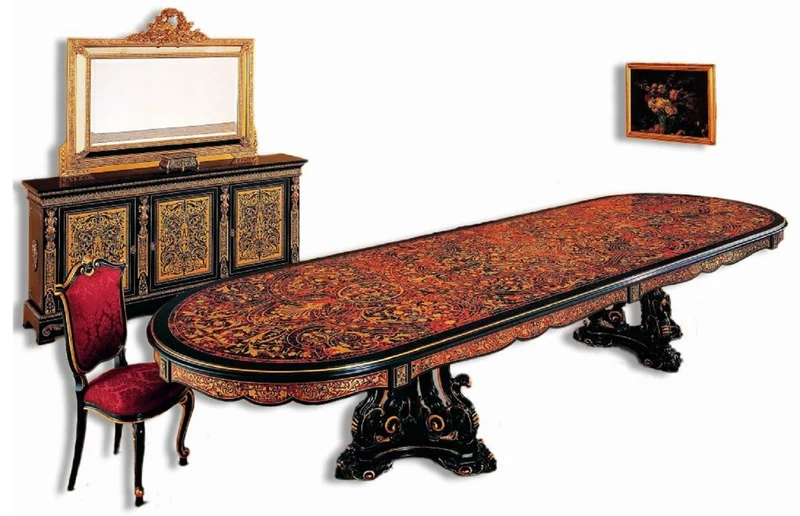 Casa Padrino Luxus Barock Boulle Esstisch Schwarz / Rot / Gold 400 x 130 x H. 80 cm - Handgefertigter Massivholz Esszimmertisch - Barock Esszimmer Möbel - Edel & Prunkvoll