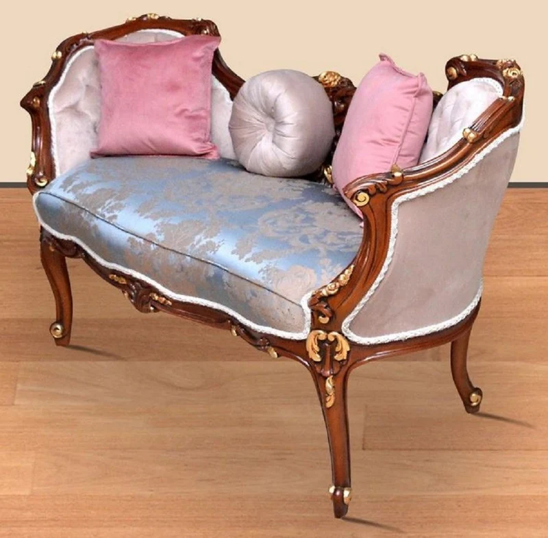Casa Padrino Barock Sitzbank Blau / Beige / Braun / Gold 150 x 55 x H. 80 cm - Prunkvolle Massivholz Bank mit edlem Blumenmuster - Möbel im Barockstil