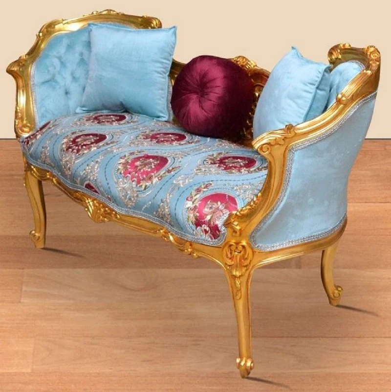 Casa Padrino Barock Sitzbank Hellblau / Mehrfarbig / Gold 150 x 55 x H. 80 cm - Prunkvolle Massivholz Bank mit edlem Blumenmuster - Barock Möbel