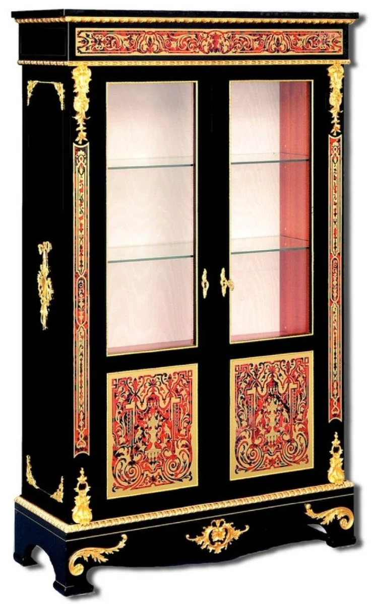 Casa Padrino Luxus Barock Boulle Vitrine Schwarz / Rot / Gold 93 x 35 x H. 152 cm - Handgefertigter Massivholz Vitrinenschrank mit 2 Türen - Edle Barock Möbel