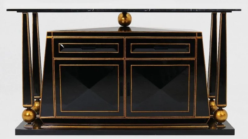 Casa Padrino Luxus Art Deco Sideboard Schwarz / Antik Gold - Prunkvoller handgefertigter Massivholz Schrank mit Marmorplatte - Art Deco Möbel