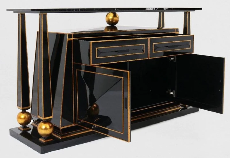 Casa Padrino Luxus Art Deco Sideboard Schwarz / Antik Gold - Prunkvoller handgefertigter Massivholz Schrank mit Marmorplatte - Art Deco Möbel