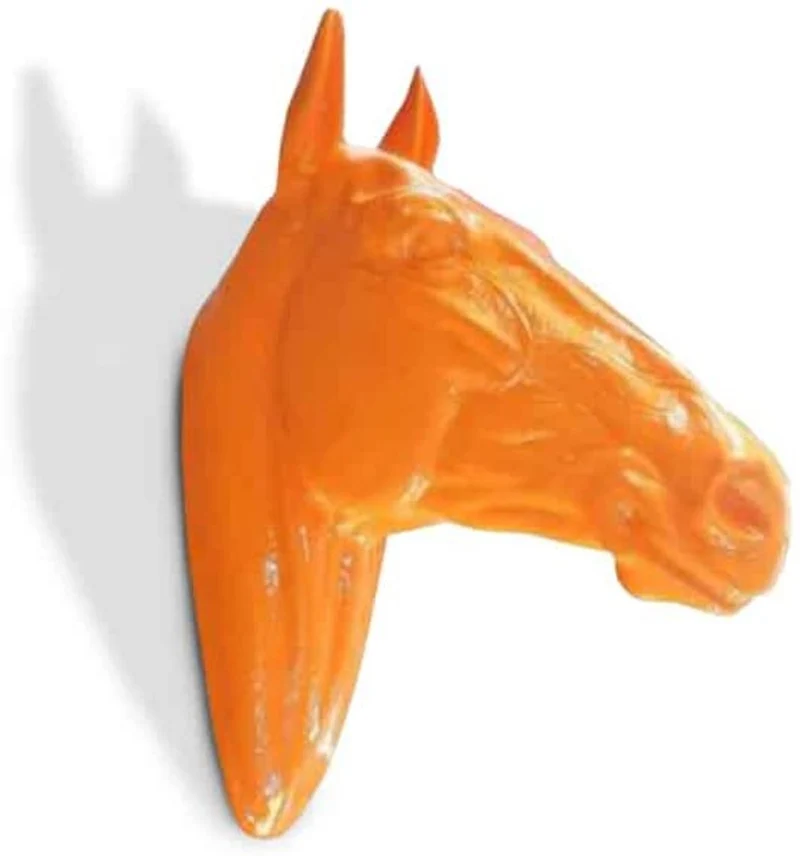 Casa Padrino Luxus Wanddeko Skulptur Pferdekopf Orange 22 x 57 x H. 76 cm - Wetterbeständige Dekofigur - Wohnzimmer Deko - Gartendeko - Terrassen Deko
