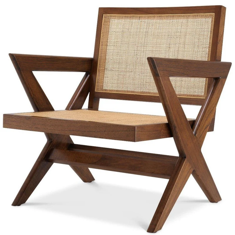 Casa Padrino Luxus Wohnzimmer Sessel Braun / Naturfarben 75 x 74 x H. 88 cm - Massivholz Sessel mit Rattangeflecht - Luxus Möbel