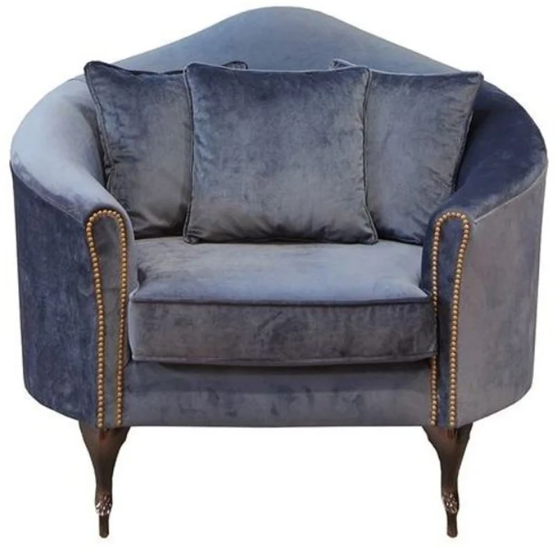 Casa Padrino Luxus Barock Samt Sessel Blau / Dunkelbraun 120 x 90 x H. 100 cm - Edler Wohnzimmer Sessel mit dekorativen Kissen - Barock Wohnzimmer Möbel - Luxus Qualität