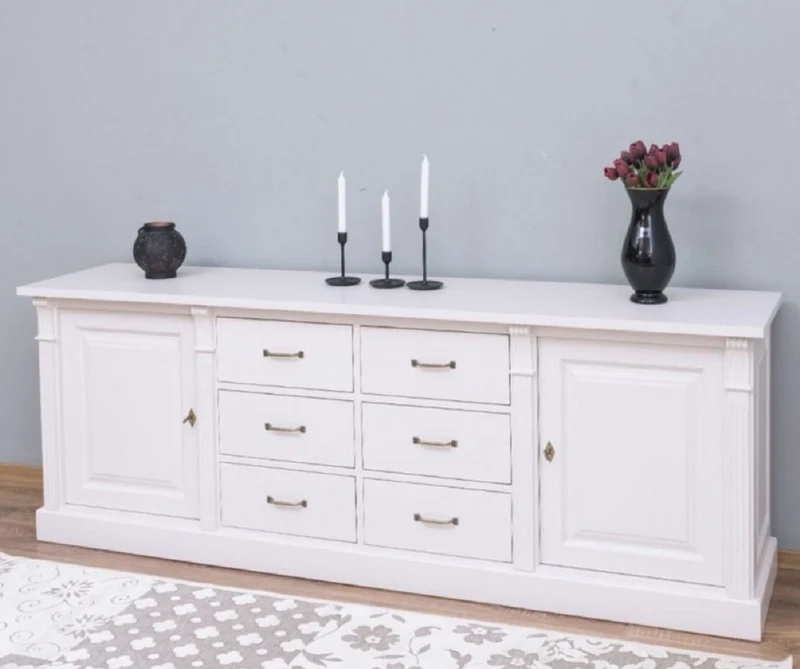Casa Padrino Landhausstil Sideboard Weiß 219 x 51 x H. 78 cm - Massivholz Schrank mit 2 Türen und 6 Schubladen - Landhausstil Massivholz Möbel