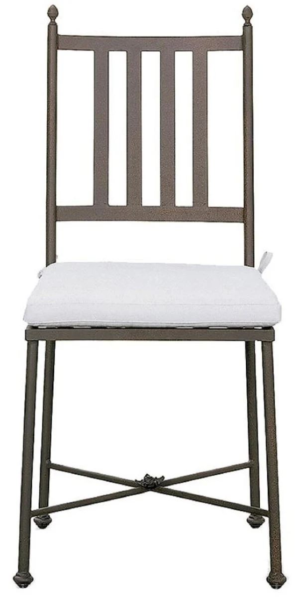 Casa Padrino Luxus Jugendstil Gartenstuhl Set mit Sitzkissen Braun / Weiß 42 x 45 x H. 103 cm - Handgeschmiedete Esszimmer Stühle - Esszimmer Garten Terrassen Möbel