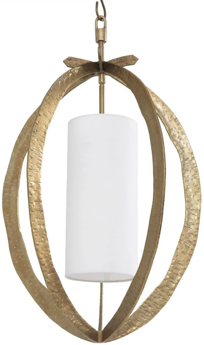 Casa Padrino Luxus Kronleuchter Messingfarben Ø 44 x H. 72 cm - Metall Kronleuchter mit elegantem Baumwoll Lampenschirm - Wohnzimmer Kronleuchter