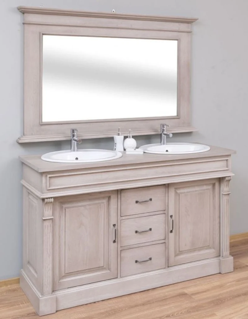 Casa Padrino Landhausstil Badezimmer Set Grau - 1 Doppelwaschtisch & 2 Waschbecken & 2 Wasserhähne & 1 Wandspiegel - Massivholz Badezimmermöbel im Landhausstil