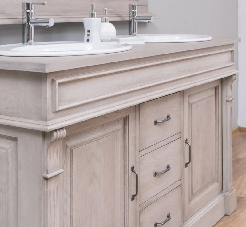Casa Padrino Landhausstil Badezimmer Set Grau - 1 Doppelwaschtisch & 2 Waschbecken & 2 Wasserhähne & 1 Wandspiegel - Massivholz Badezimmermöbel im Landhausstil