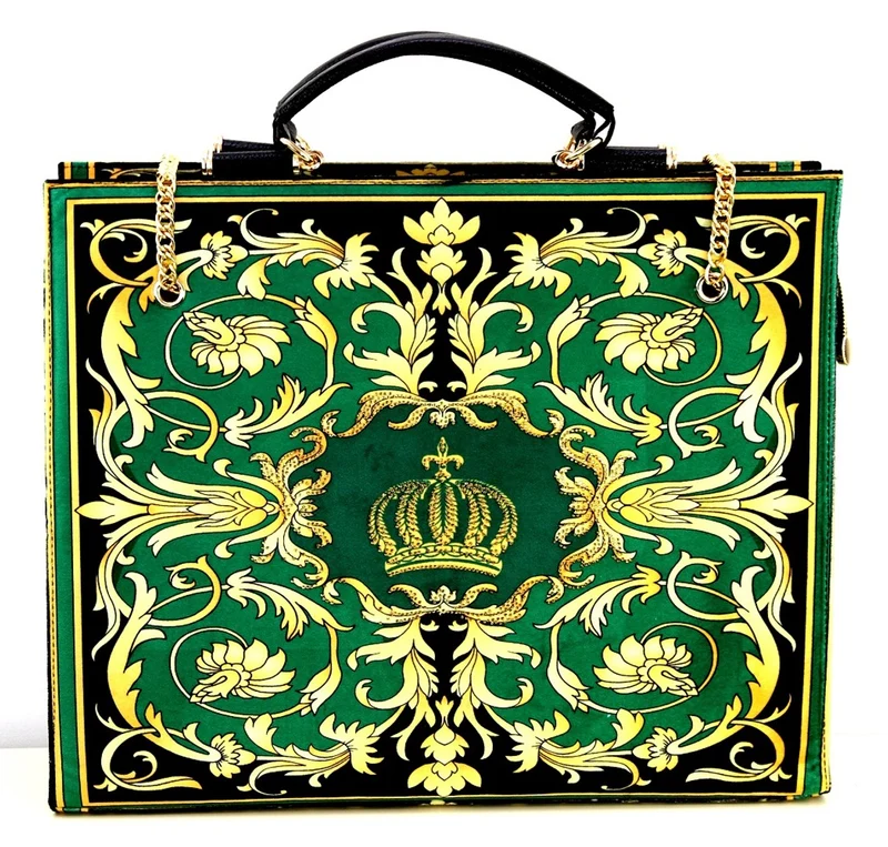 Pompöös by Casa Padrino Luxus Damen Handtasche Baroque Flowers mit Krone und Strass Steinen Grün / Schwarz / Gold 43 x H. 43 cm - designed by Harald Glööckler