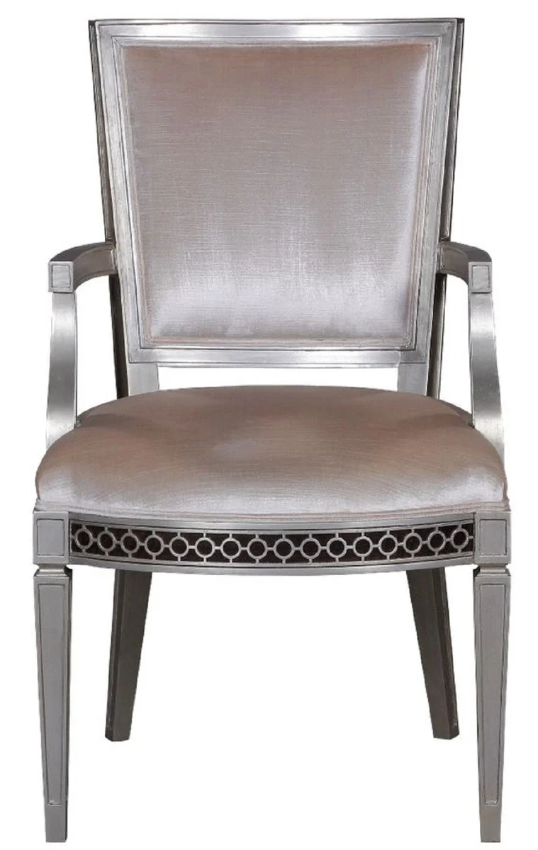 Casa Padrino Luxus Art Deco Esszimmerstuhl mit Armlehnen Rosa / Silber 60 x 66 x H. 102 cm - Luxus Hotel & Restaurant Möbel