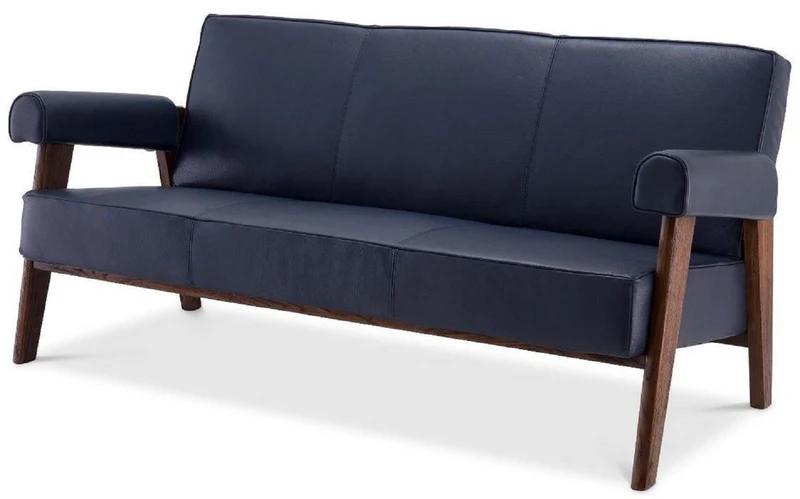 Casa Padrino Luxus Echtleder Sofa Blau / Braun 160 x 78 x H. 74 cm - Wohnzimmer Sofa mit edlem Büffelleder - Wohnzimmer Möbel - Luxus Kollektion