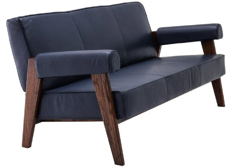 Casa Padrino Luxus Echtleder Sofa Blau / Braun 160 x 78 x H. 74 cm - Wohnzimmer Sofa mit edlem Büffelleder - Wohnzimmer Möbel - Luxus Kollektion