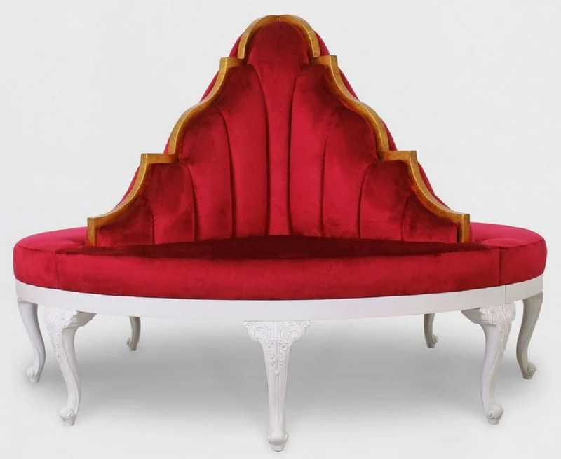 Casa Padrino Luxus Barock Rundsofa Rot / Weiß / Antik Gold - Handgefertigtes rundes Samt Sofa - Barock Hotel & Restaurant Möbel