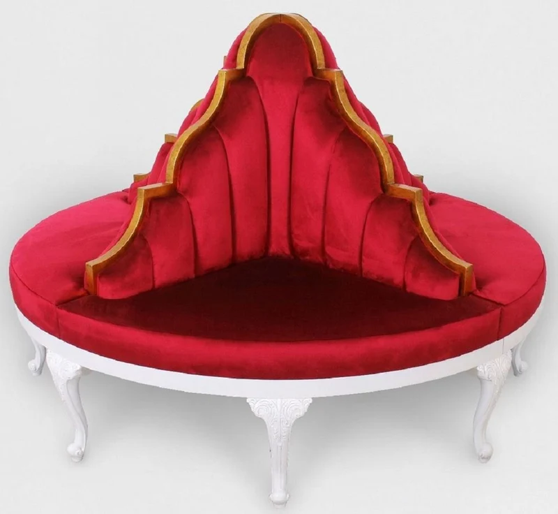Casa Padrino Luxus Barock Rundsofa Rot / Weiß / Antik Gold - Handgefertigtes rundes Samt Sofa - Barock Hotel & Restaurant Möbel