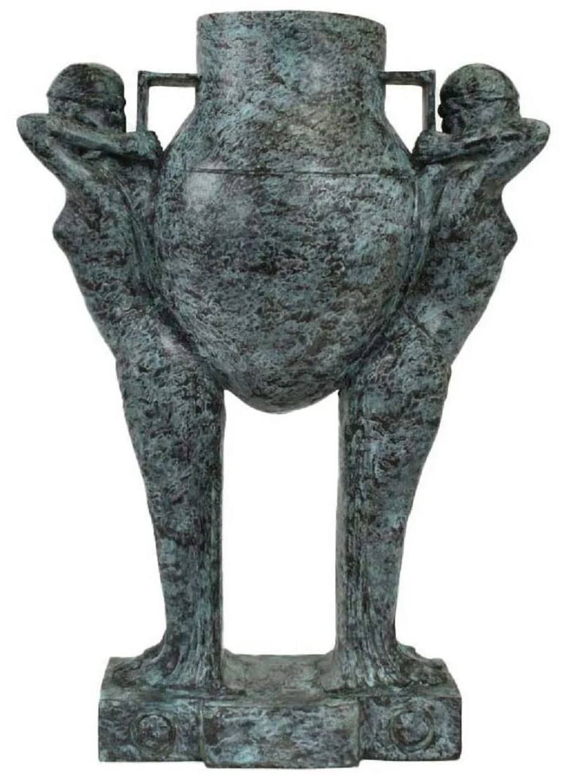 Casa Padrino Luxus Art Deco Bronze Skulptur Frauen mit Vase Türkis / Schwarz 49 x 23,5 x H. 68 cm - Elegante Bronzefigur mit Blumenvase - Schreibtisch Deko - Wohnzimmer Deko - Luxus Kollektion