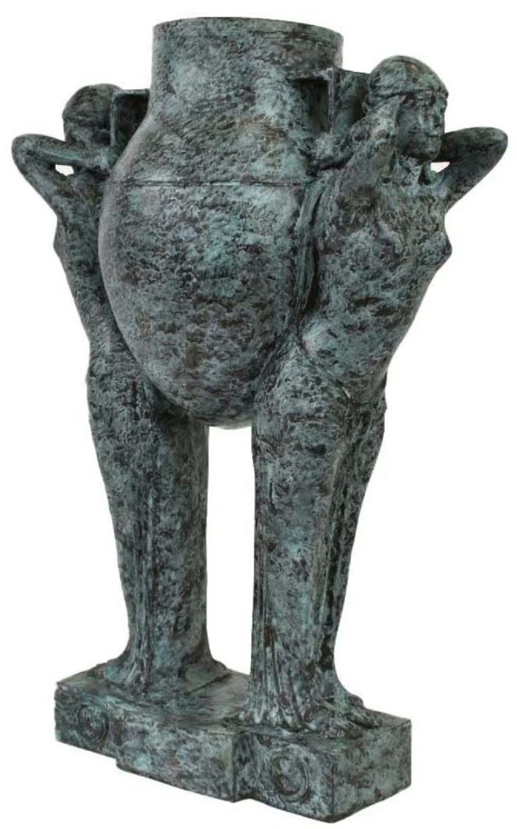Casa Padrino Luxus Art Deco Bronze Skulptur Frauen mit Vase Türkis / Schwarz 49 x 23,5 x H. 68 cm - Elegante Bronzefigur mit Blumenvase - Schreibtisch Deko - Wohnzimmer Deko - Luxus Kollektion
