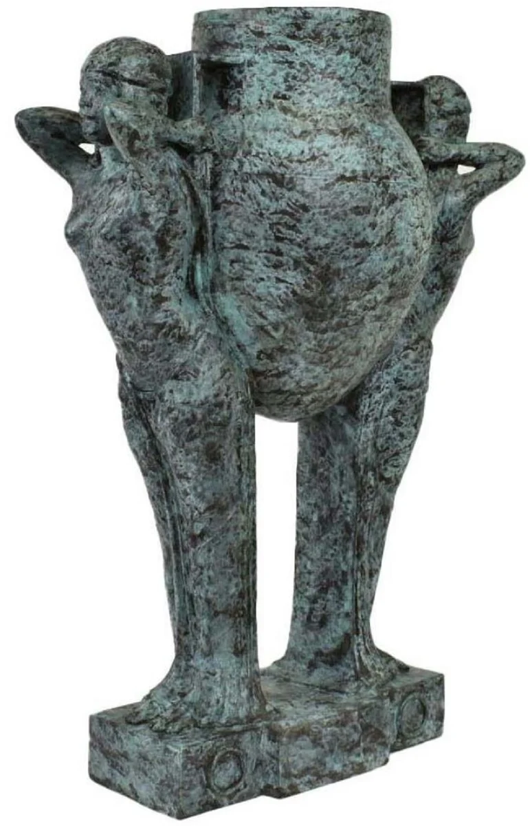 Casa Padrino Luxus Art Deco Bronze Skulptur Frauen mit Vase Türkis / Schwarz 49 x 23,5 x H. 68 cm - Elegante Bronzefigur mit Blumenvase - Schreibtisch Deko - Wohnzimmer Deko - Luxus Kollektion