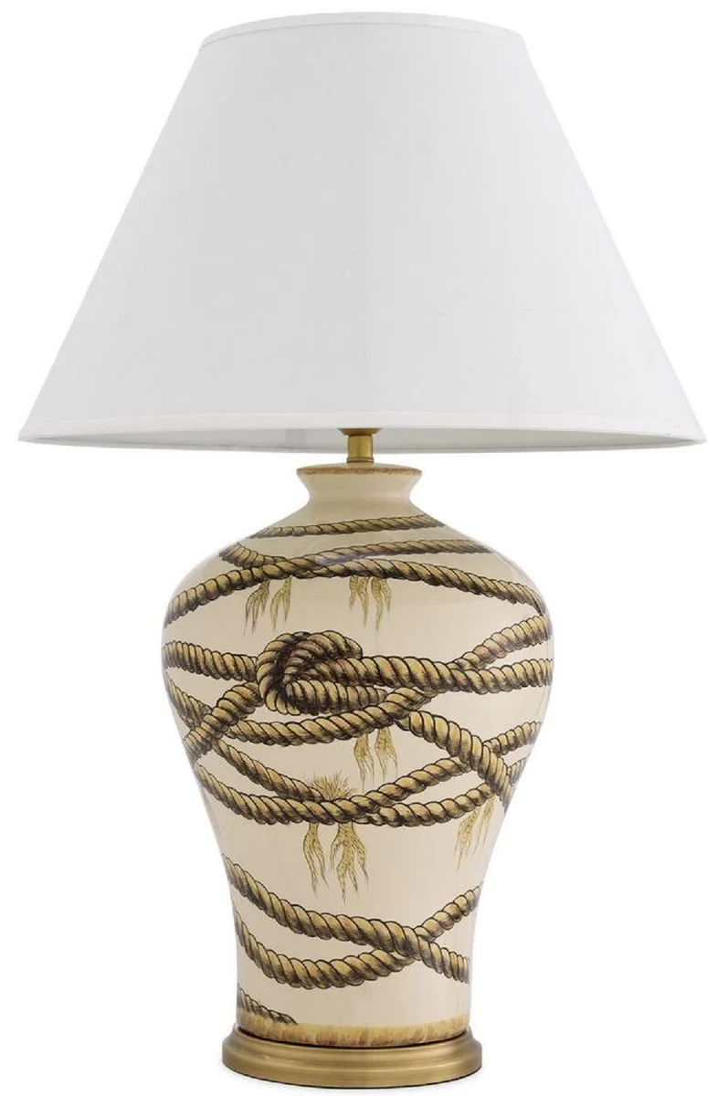 Casa Padrino Luxus Tischleuchte Beige / Antik Messingfarben / Weiß Ø 56 x H. 86 cm - Handbemalte Porzellan Tischlampe - Luxus Kollektion