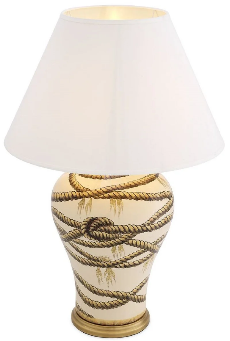 Casa Padrino Luxus Tischleuchte Beige / Antik Messingfarben / Weiß Ø 56 x H. 86 cm - Handbemalte Porzellan Tischlampe - Luxus Kollektion