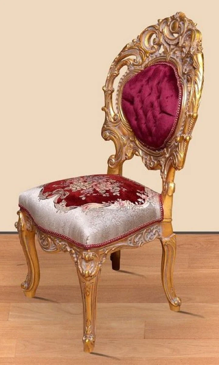 Casa Padrino Barock Esszimmerstuhl Bordeauxrot / Silber / Gold 60 x 50 x H. 120 cm - Prunkvoller Massivholz Küchenstuhl mit edlem Muster - Barock Esszimmer Möbel