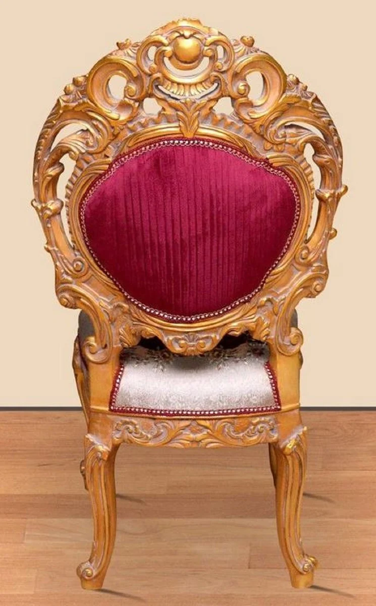 Casa Padrino Barock Esszimmerstuhl Bordeauxrot / Silber / Gold 60 x 50 x H. 120 cm - Prunkvoller Massivholz Küchenstuhl mit edlem Muster - Barock Esszimmer Möbel