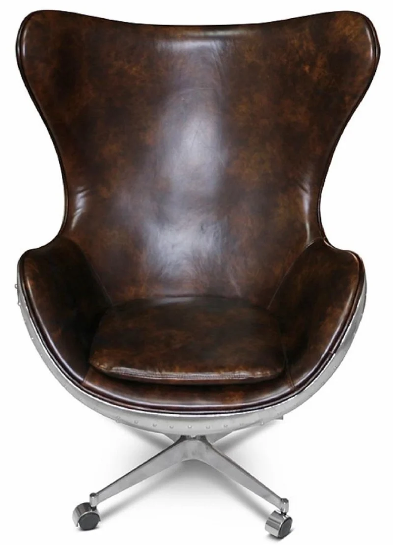 Casa Padrino Echtleder Drehsessel Dunkelbraun / Silber 85 x 78 x H. 112 cm - Leder Sessel in Eiform - Club Sessel - Lounge Sessel - Aluminium Flugzeug Flieger Möbel