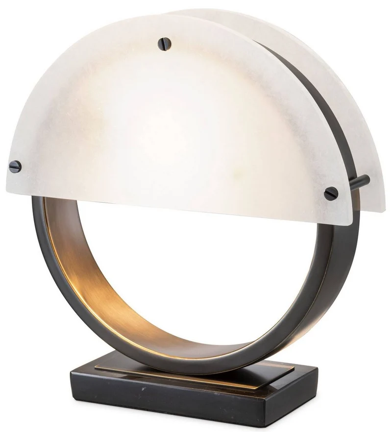 Casa Padrino Designer Tischleuchte Bronze / Alabaster 30 x 10 x H. 30,5 cm - Moderne Schreibtischleuchte mit Marmorsockel und 2 halbrunden Alabaster Lampenschirmen - Designer Leuchten