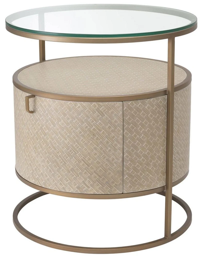 Casa Padrino Luxus Nachttisch Beige / Messingfarben Ø 50 x H. 56 cm - Runder Beistelltisch mit Schublade und Glasplatte - Luxus Schlafzimmermöbel