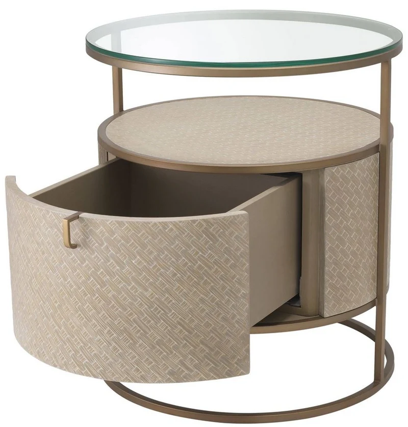 Casa Padrino Luxus Nachttisch Beige / Messingfarben Ø 50 x H. 56 cm - Runder Beistelltisch mit Schublade und Glasplatte - Luxus Schlafzimmermöbel