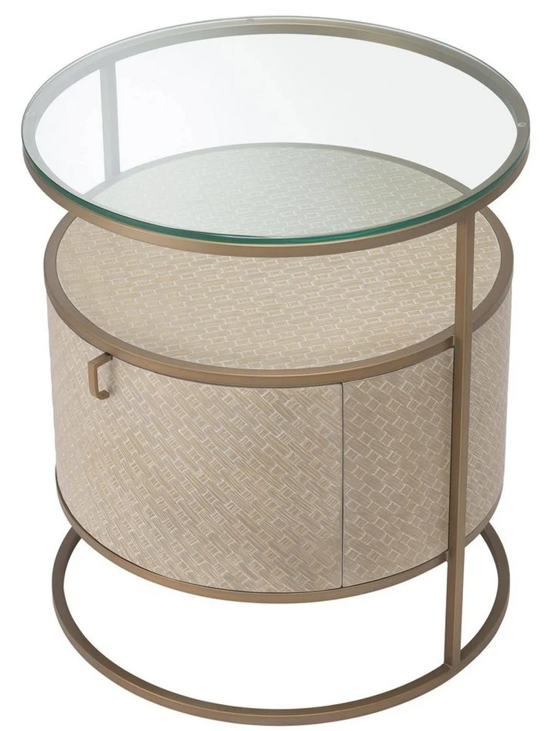 Casa Padrino Luxus Nachttisch Beige / Messingfarben Ø 50 x H. 56 cm - Runder Beistelltisch mit Schublade und Glasplatte - Luxus Schlafzimmermöbel