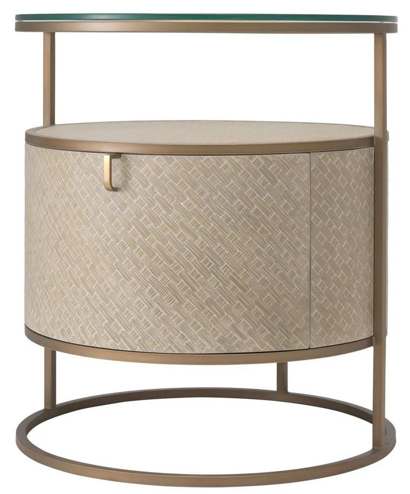 Casa Padrino Luxus Nachttisch Beige / Messingfarben Ø 50 x H. 56 cm - Runder Beistelltisch mit Schublade und Glasplatte - Luxus Schlafzimmermöbel