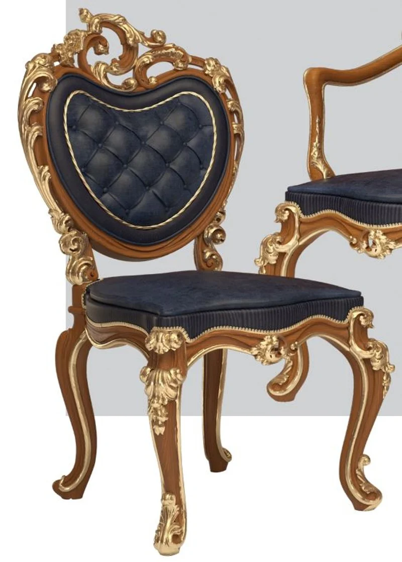 Casa Padrino Luxus Barock Esszimmer Stuhl Set Dunkelblau / Braun / Gold 57 x 62 x H. 105 cm - Prunkvolles Küchen Stühle 6er Set - Hotel Restaurant Schloss Möbel - Luxus Qualität - Made in Italy