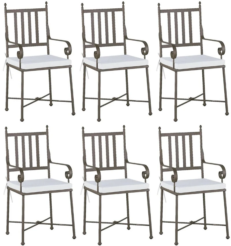 Casa Padrino Luxus Jugendstil Gartenstuhl Set mit Armlehnen und Sitzkissen Braun / Weiß 47 x 50 x H. 103 cm - Handgeschmiedete Esszimmer Stühle - Esszimmer Garten Terrassen Möbel