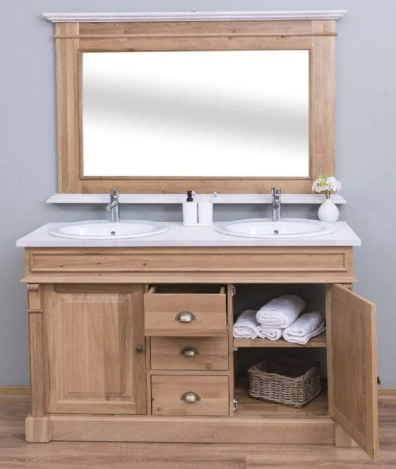 Casa Padrino Landhausstil Badezimmer Set Braun / Weiß - 1 Doppelwaschtisch & 2 Waschbecken & 2 Wasserhähne & 1 Wandspiegel - Massivholz Badezimmermöbel im Landhausstil