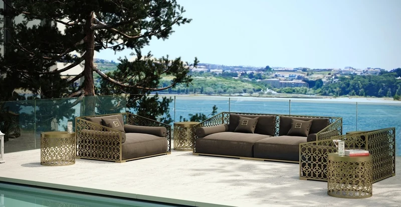 Casa Padrino Luxus Gartentisch Gold Ø 60 x H. 50 cm - Runder handgefertigter Aluminium Tisch - Garten Tisch - Terrassen Tisch - Hotel Möbel - Luxus Qualität