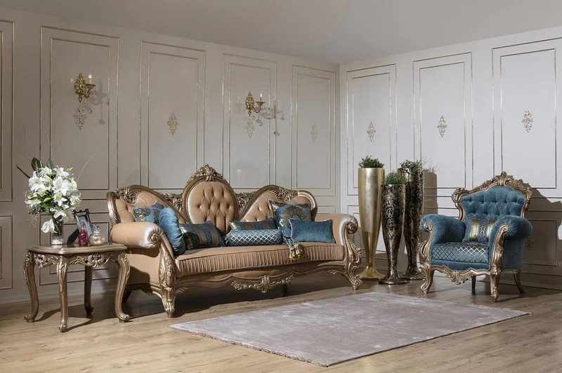 Casa Padrino Luxus Barock Sessel Blau / Gold 97 x 90 x H. 115 cm - Wohnzimmer Sessel mit elegantem Muster und dekorativem Kissen - Barock Wohnzimmer Möbel