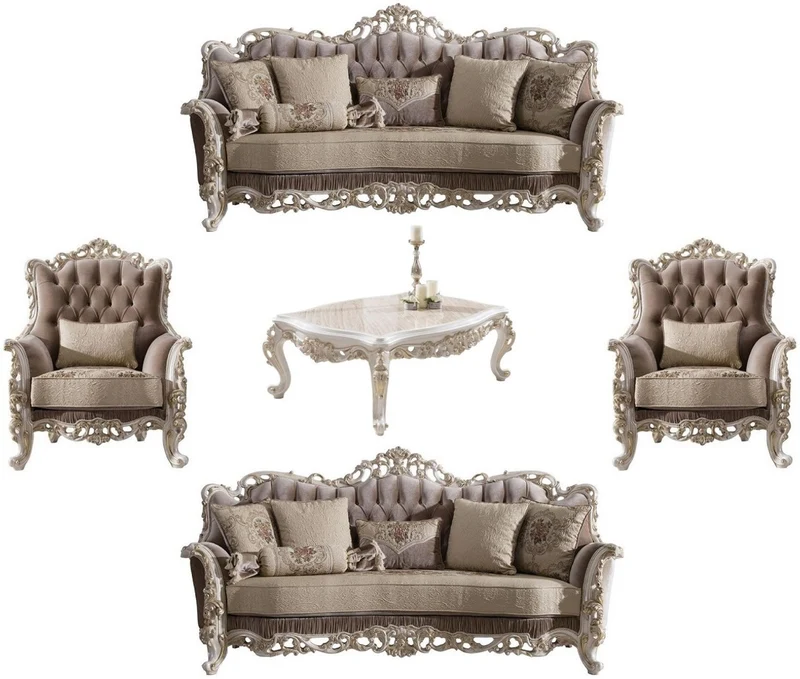 Casa Padrino Luxus Barock Wohnzimmer Set Braun / Beige / Weiß / Gold - 2 Sofas & 2 Sessel & 1 Couchtisch - Edle Barock Wohnzimmer Möbel