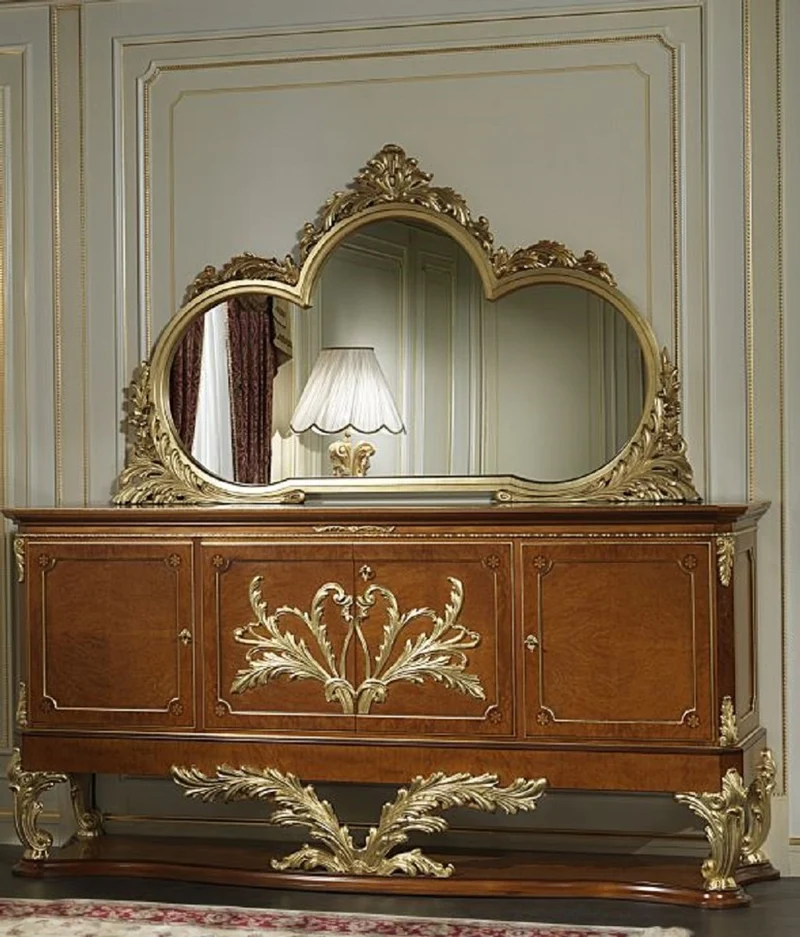Casa Padrino Luxus Barock Möbel Set Sideboard mit Spiegel Braun / Gold - Edler Massivholz Schrank mit elegantem Wandspiegel - Hotel Restaurant Schloss Möbel - Luxus Qualität - Made in Italy