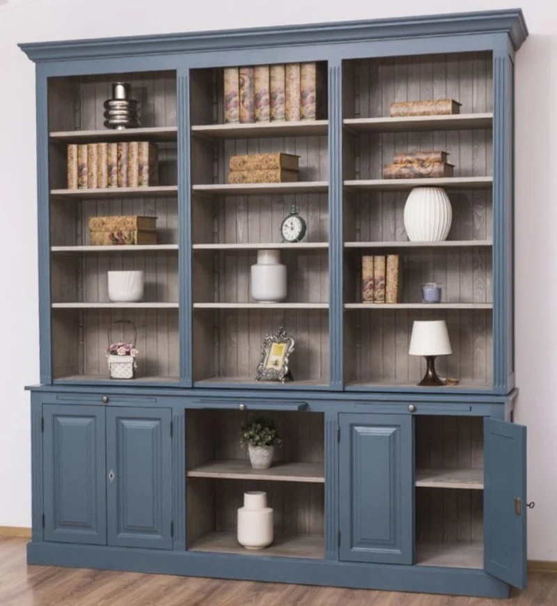 Casa Padrino Landhausstil Wohnzimmerschrank Blau / Grau 229 x 51 x H. 244 cm - Massivholz Schrank - Bücherschrank - Regalschrank - Landhausstil Möbel