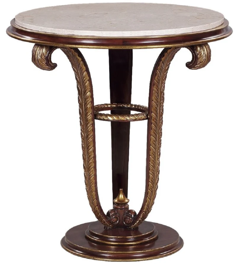 Casa Padrino Luxus Barock Beistelltisch Braun / Gold / Creme Ø 69 x H. 73 cm - Runder Mahagoni Tisch mit Marmorplatte und dekorativen handgeschnitzten Federn - Barock Wohnzimmer Möbel
