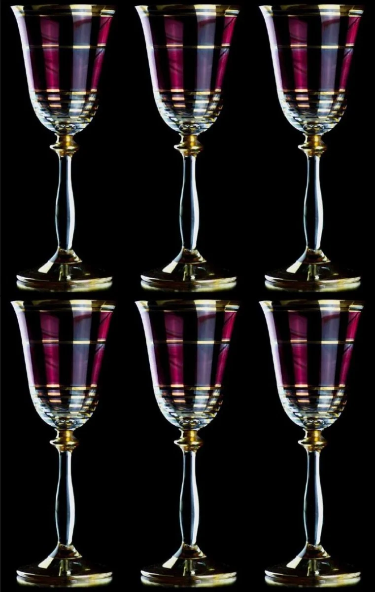 Casa Padrino Luxus Barock Likörglas 6er Set Bordeauxrot / Gold Ø 5,5 x H. 17 cm - Handgefertigte Likörgläser - Hotel & Restaurant Accessoires - Luxus Qualität