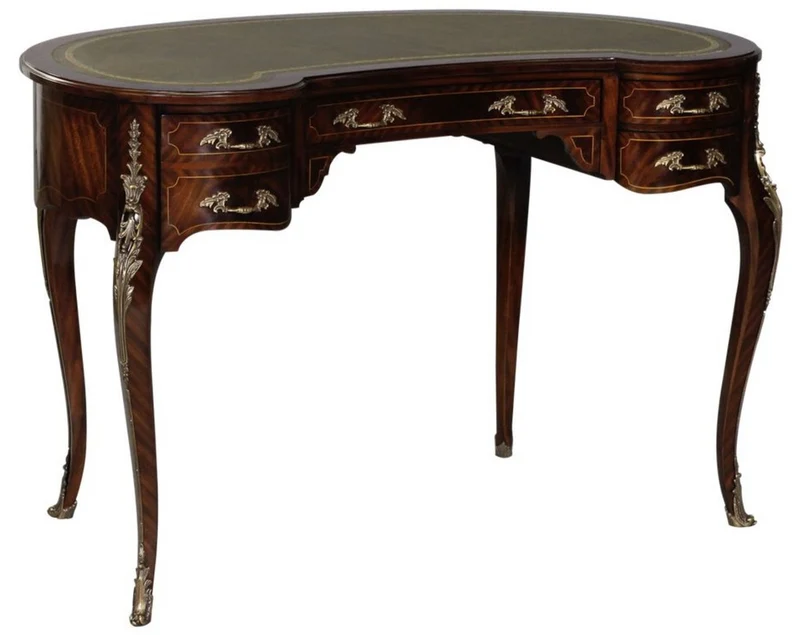 Casa Padrino Luxus Barock Schreibtisch Dunkelbraun / Silber / Grau / Gold - Handgefertigter Mahagoni Schreibtisch mit 5 Schubladen - Edle Barock Büro Möbel