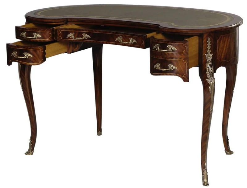 Casa Padrino Luxus Barock Schreibtisch Dunkelbraun / Silber / Grau / Gold - Handgefertigter Mahagoni Schreibtisch mit 5 Schubladen - Edle Barock Büro Möbel