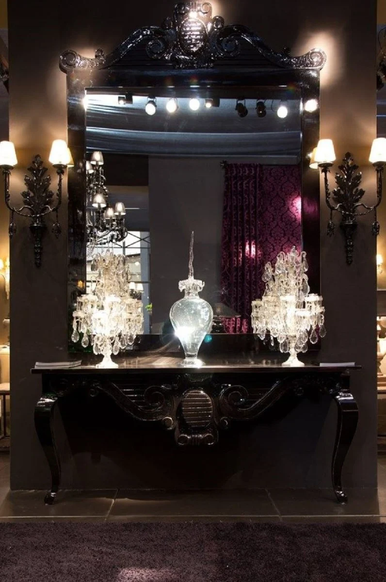 Casa Padrino Luxus Barock Konsole Schwarz 200 x 45 x H. 85 cm - Handgefertigter Massivholz Konsolentisch - Barock Hotel Möbel - Luxus Qualität
