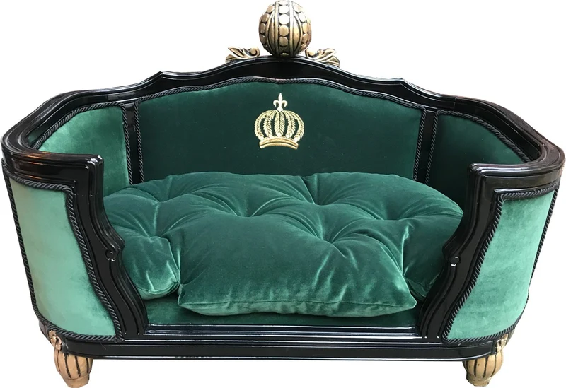 Pompöös by Casa Padrino Luxus Barock Hunde & Katzenbett Deluxe Dunkelgrün / Schwarz mit goldener Krone von Harald Glööckler