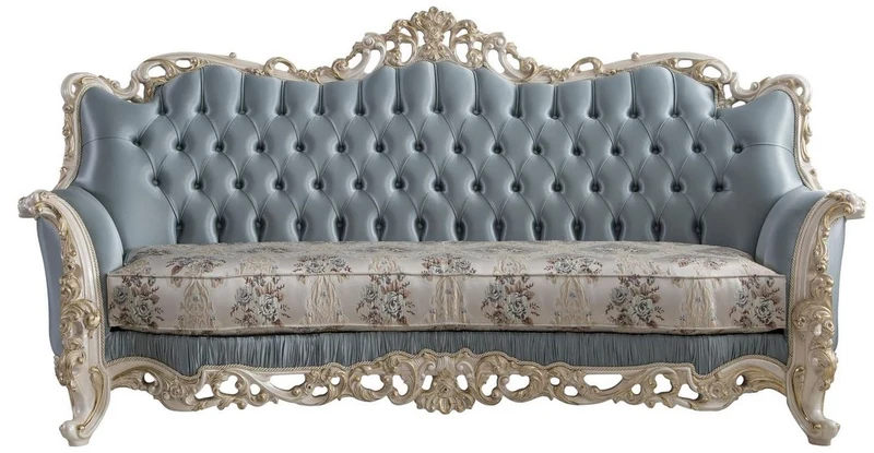 Casa Padrino Luxus Barock Wohnzimmer Sofa mit dekorativen Kissen Hellblau / Creme / Weiß / Gold 240 x 90 x H. 120 cm - Edle Barock Wohnzimmer Möbel