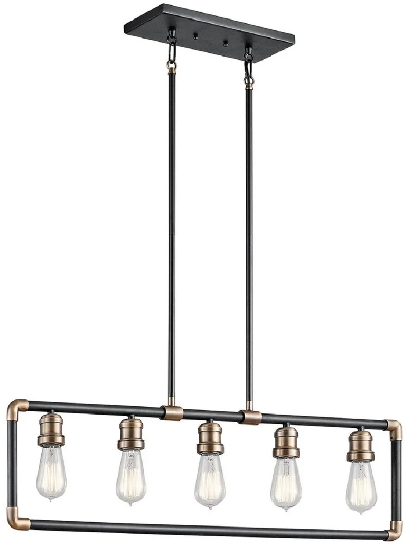 Casa Padrino Luxus Industrial Design Kronleuchter Schwarz / Messingfarben 90,2 x 5,1 x H. 26 cm - Eleganter Industrie Stil Kronleuchter - Industrie Stil Leuchten