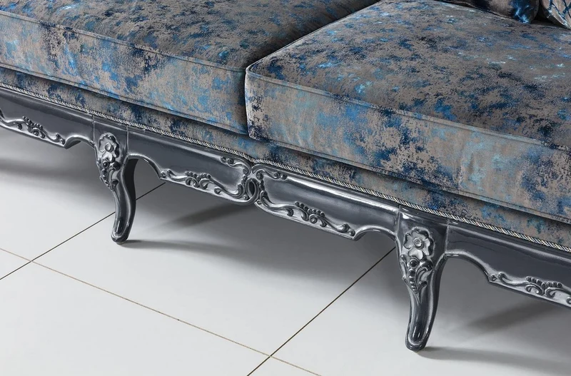Casa Padrino Luxus Barock Sofa Grau / Blau / Grau 224 x 103 x H. 110 cm - Edles Wohnzimmer Sofa mit elegantem Muster und dekorativen Kissen - Barockstil Wohnzimmer Möbel